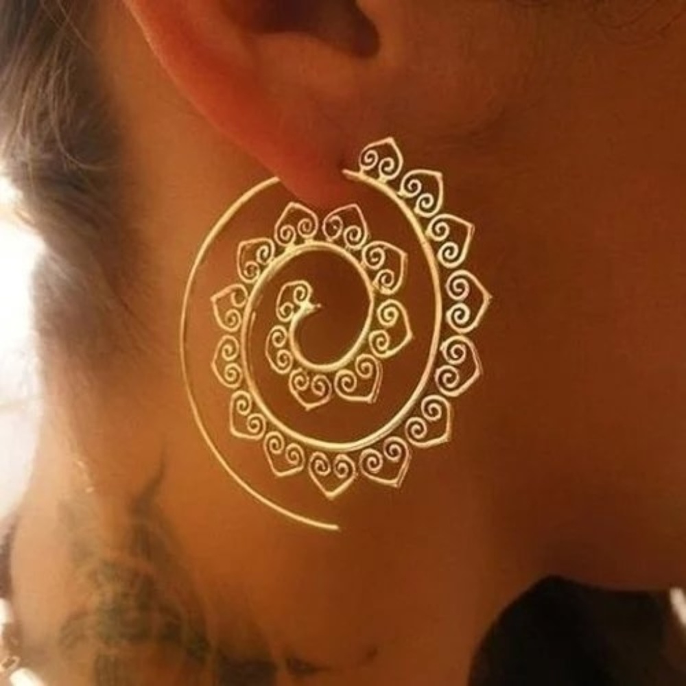Boho Gold Tone Spiral Dangle Hoops Gypsy Earrings New